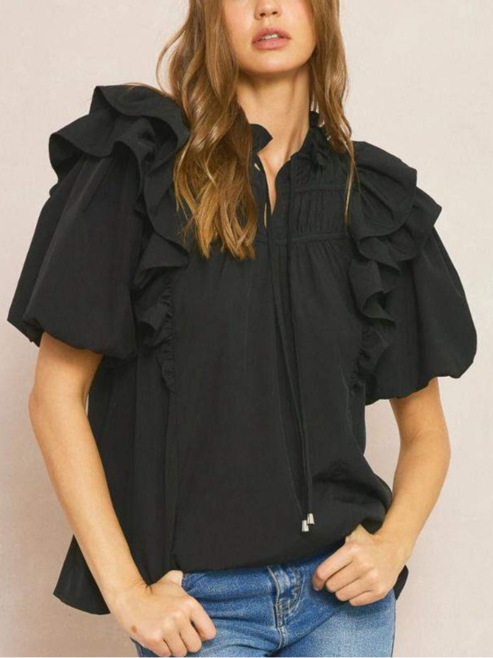 entro Black Ruffle Sleeve Tie-Front Blouse Boho  Contemporary Top Woman S
